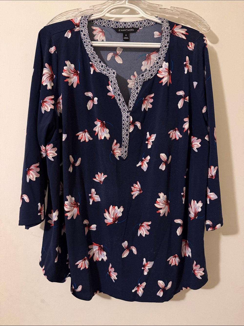 41 Hawthorn Navy Floral Notch-Neck Tunic with Pink-White Blooms